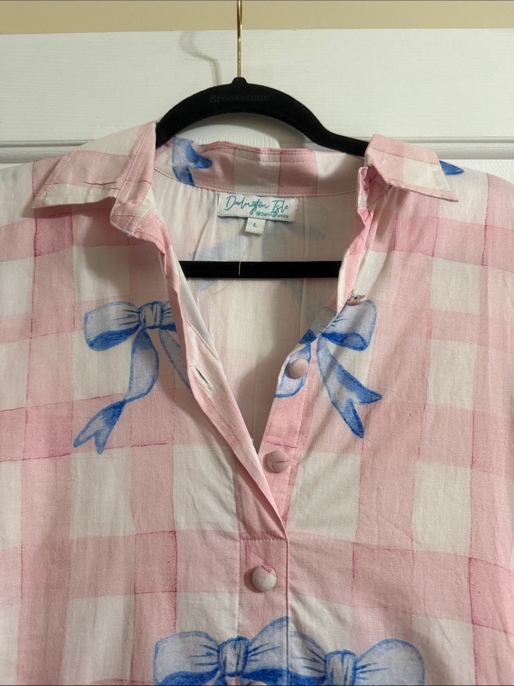 Darlington Isle Pink and Blue Gingham Belted Button Down Maxi Dress with Bows L - Picture 3 of 6
